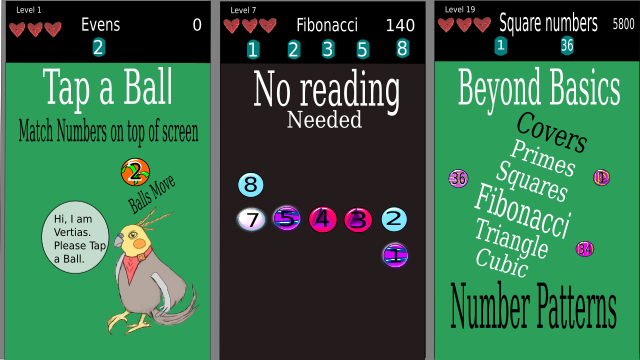 Screenshot of game: Balls move. Tap Balls with numbers. Ne reading needed. beyond basics